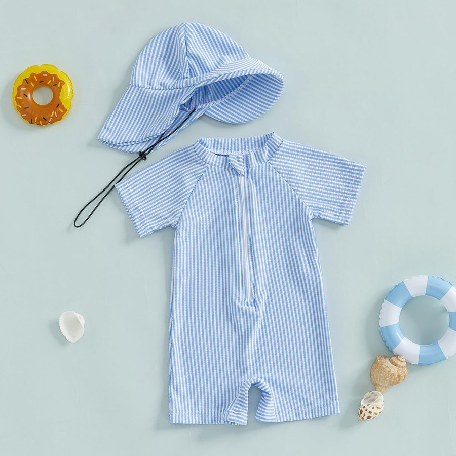 Traje de sol para bebé niño con gorro — rayas azules