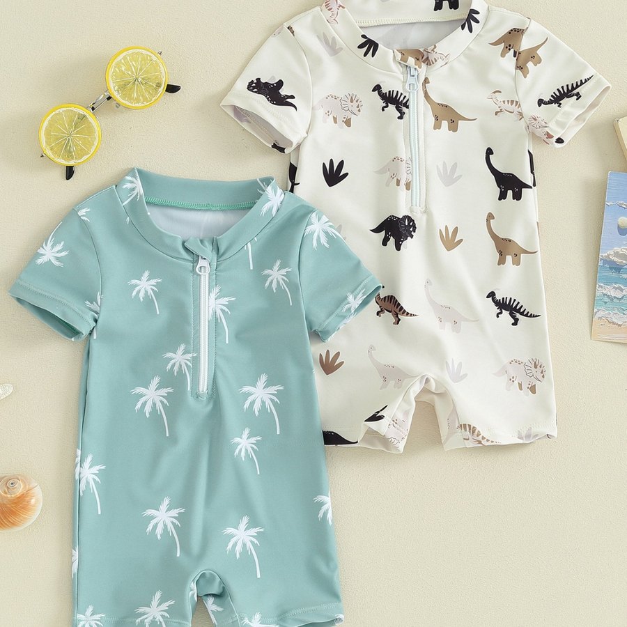 Traje de sol con cremallera para bebé niño — palmeras y dinosaurios