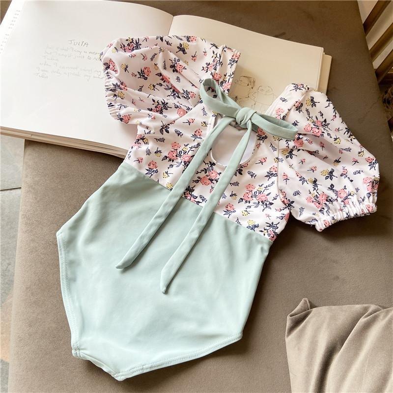 Traje de baño con manga abullonada para bebé niña — menta y flores