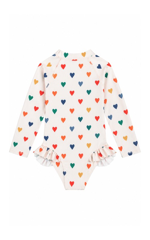 Traje de baño con volantes y estampado de corazones para bebé y niño pequeño