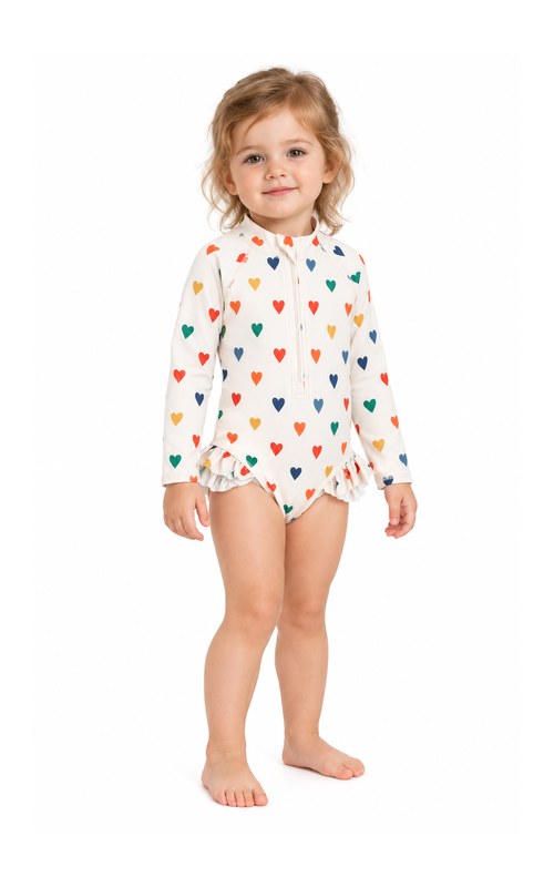 Traje de baño con volantes y estampado de corazones para bebé y niño pequeño