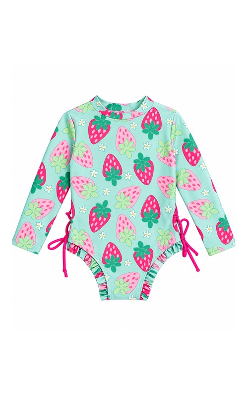 Traje de baño de manga larga con fresas para bebé y niño pequeño