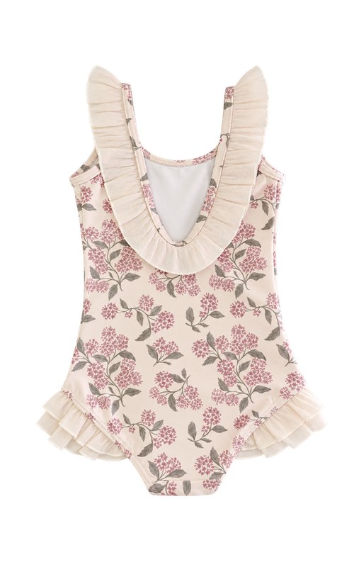 Traje de baño con tirantes de volantes y estampado floral para niña pequeña