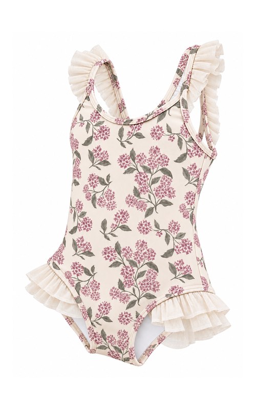 Traje de baño con tirantes de volantes y estampado floral para niña pequeña