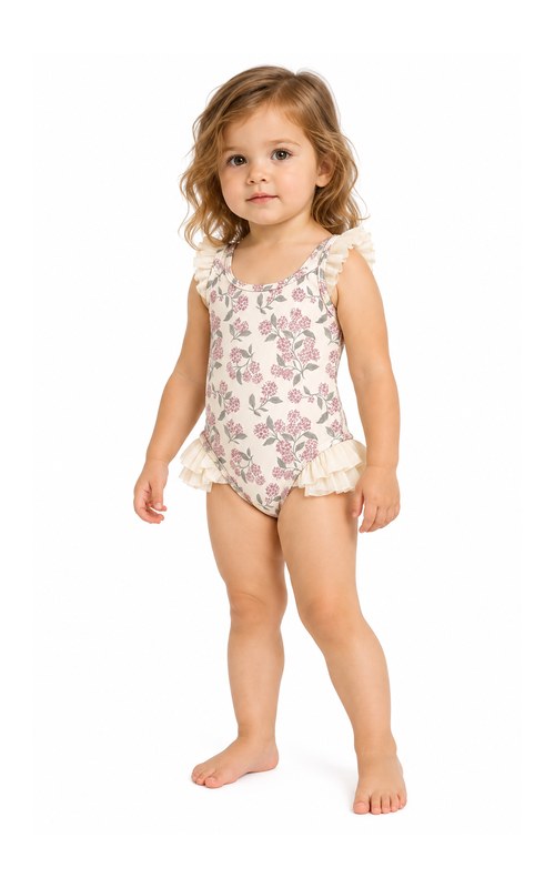 Traje de baño con tirantes de volantes y estampado floral para niña pequeña