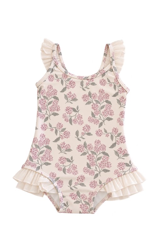 Traje de baño con tirantes de volantes y estampado floral para niña pequeña