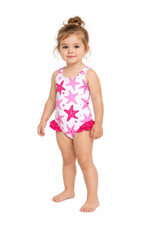 Traje de baño con estrellas de mar y volantes para niña pequeña