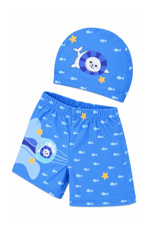 Conjunto de bañador y gorro con león marino para niño pequeño