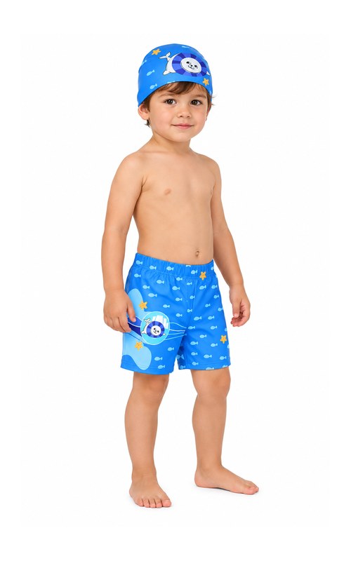 Conjunto de bañador y gorro con león marino para niño pequeño