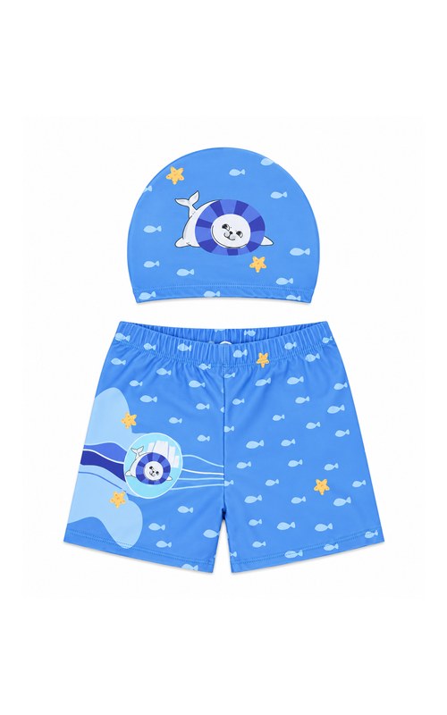 Conjunto de bañador y gorro con león marino para niño pequeño