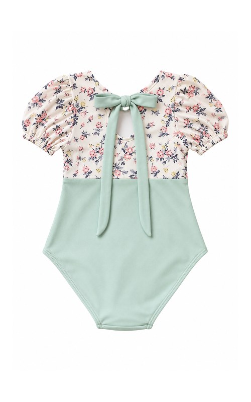 Toddler Seafoam Floral Puff Sleeve Swimsuit