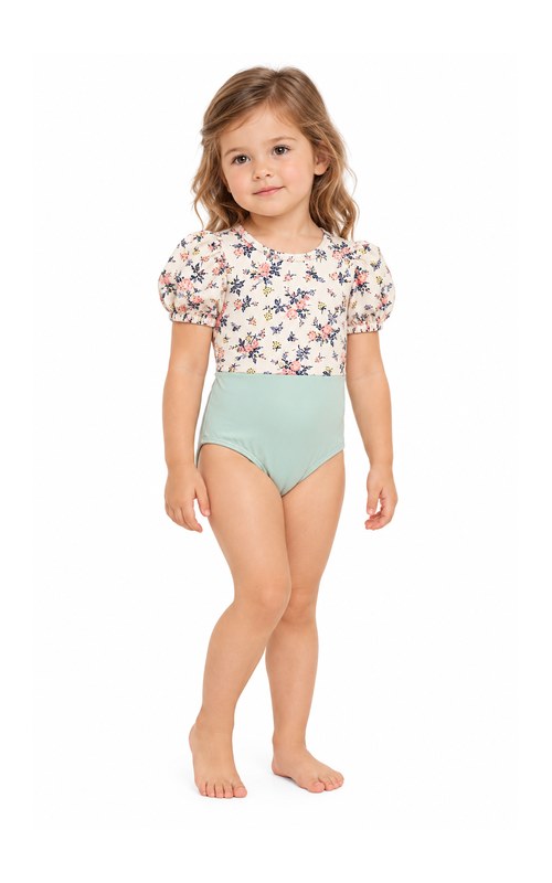 Toddler Seafoam Floral Puff Sleeve Swimsuit
