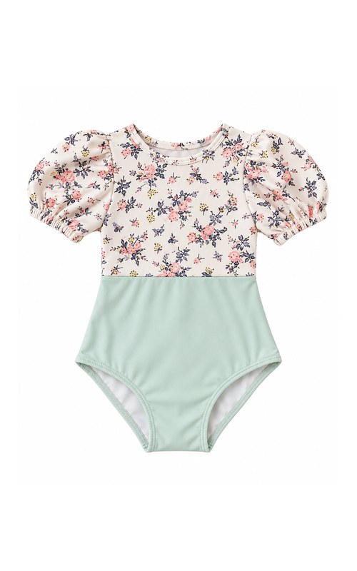 Traje de baño con manga abullonada y flores para niña pequeña — verde espuma