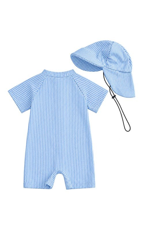 Pelele de baño para bebé con gorro — rayas azules