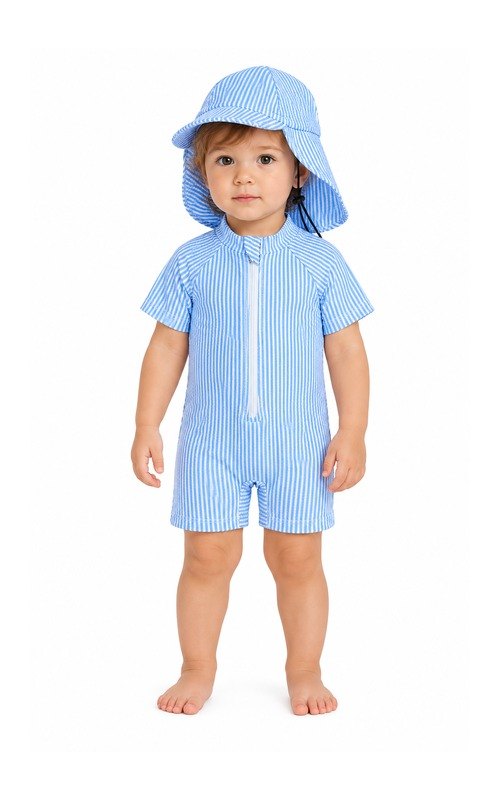 Pelele de baño para bebé con gorro — rayas azules