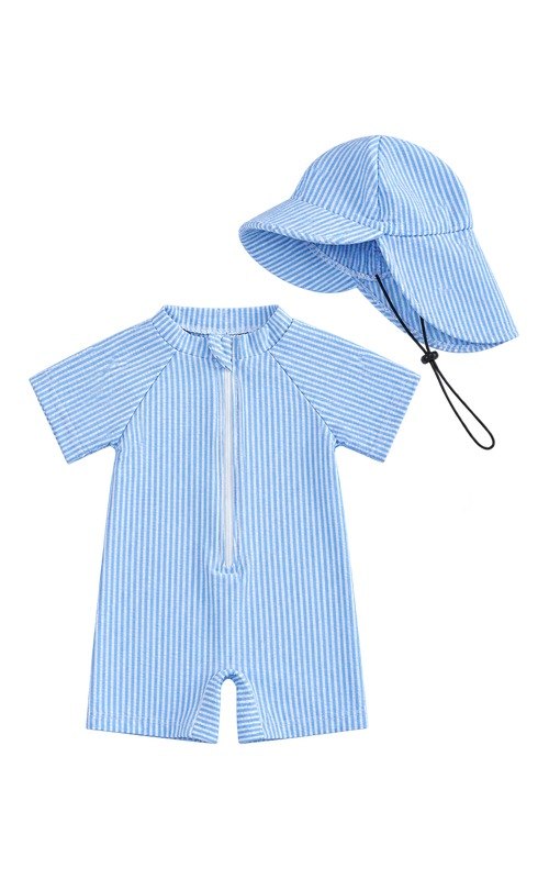 Pelele de baño para bebé con gorro — rayas azules