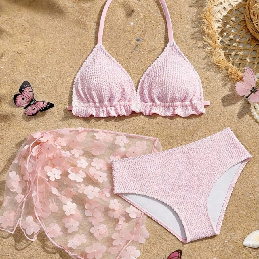 Conjunto bikini de canalé con pareo floral — rosa