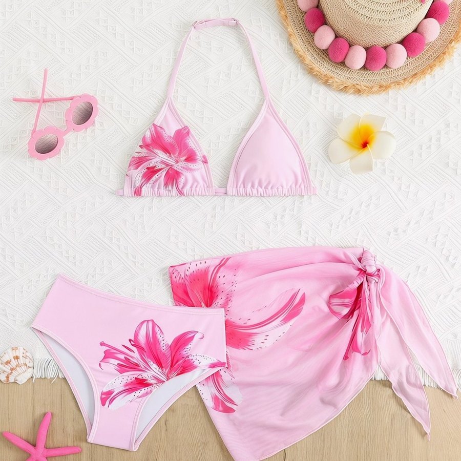 Conjunto bikini de 3 piezas para niña — lirio rosa con pareo