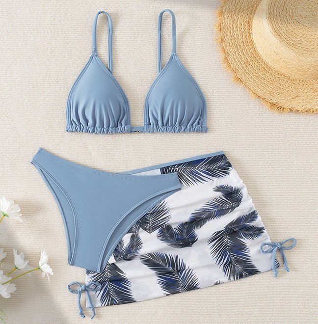 Conjunto bikini de 3 piezas para niña — azul y falda de palmeras