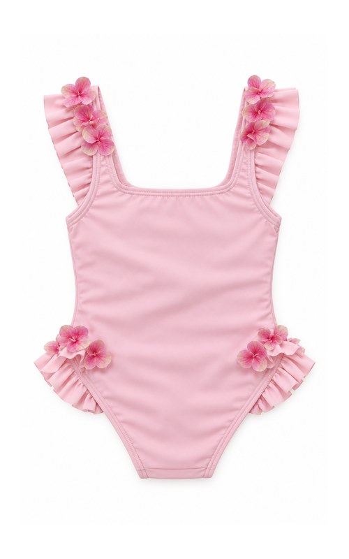 Traje de baño de una pieza con volantes y aplicaciones florales en rosa para niña
