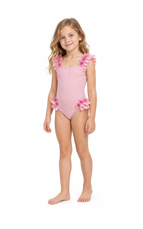 Traje de baño de una pieza con volantes y aplicaciones florales en rosa para niña