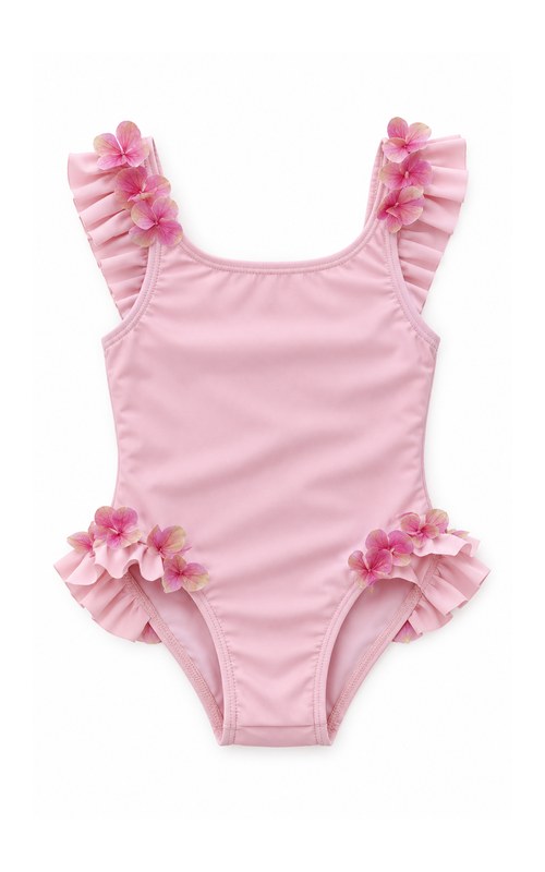 Traje de baño de una pieza con volantes y aplicaciones florales en rosa para niña
