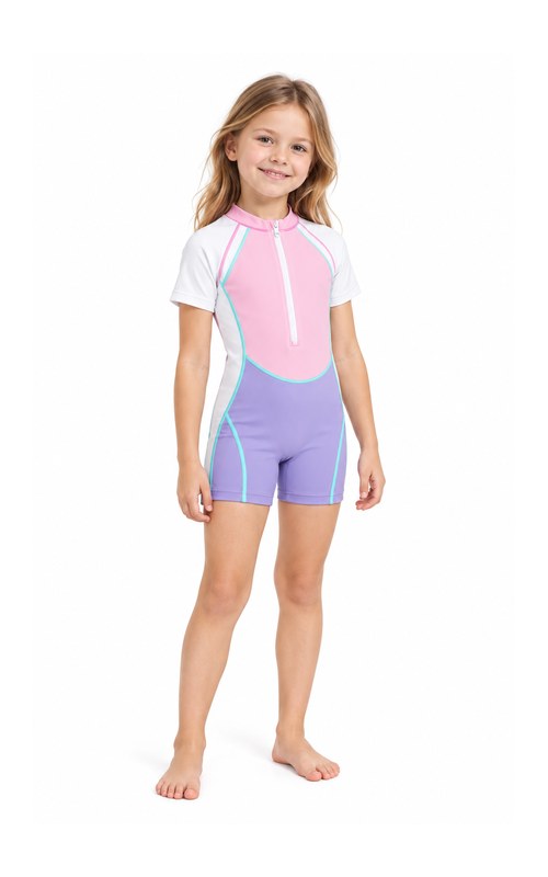 Girls' Color-Block Short-Sleeve Boyleg Swimsuit