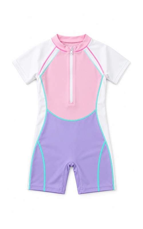 Traje de baño con bloque de color, manga corta y pierna corta para niña