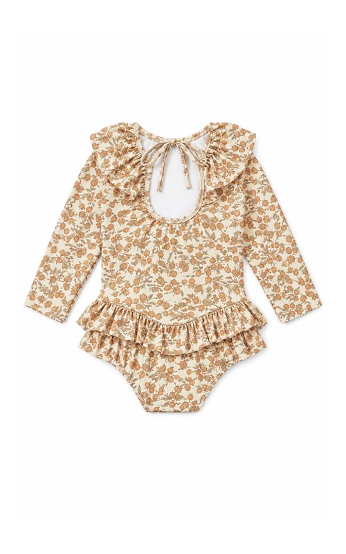 Girls' Ditsy-Print Long-Sleeve Frill Swimsuit