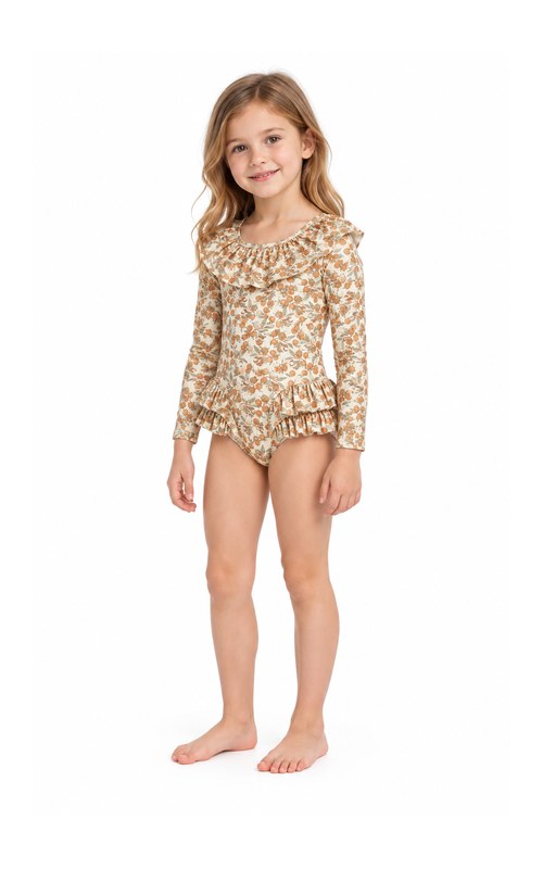 Girls' Ditsy-Print Long-Sleeve Frill Swimsuit