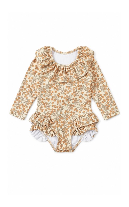 Traje de baño de manga larga con estampado menudo y volantes para niña