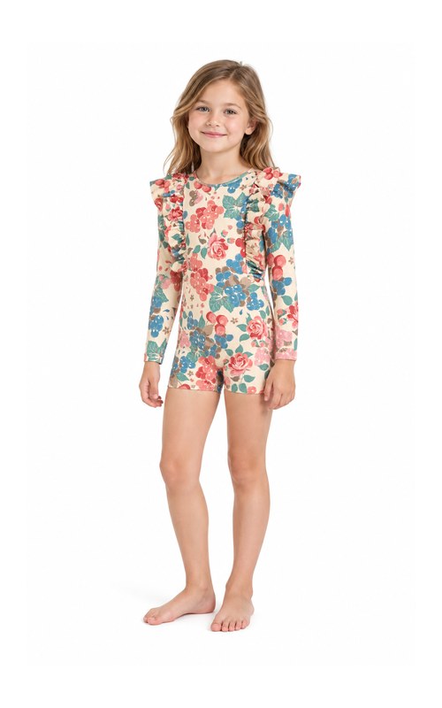 Girls' Fruit-Print Long-Sleeve Boyleg Swimsuit