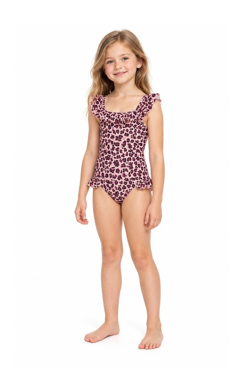 Traje de baño de una pieza con leopardo, volantes y espalda cruzada para niña