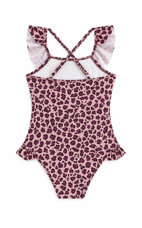 Traje de baño de una pieza con leopardo, volantes y espalda cruzada para niña