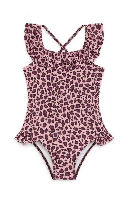 Traje de baño de una pieza con leopardo, volantes y espalda cruzada para niña