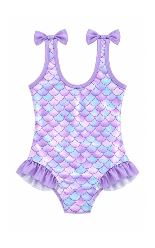 Traje de baño con estampado de escamas y tirantes con lazo en lila para niña