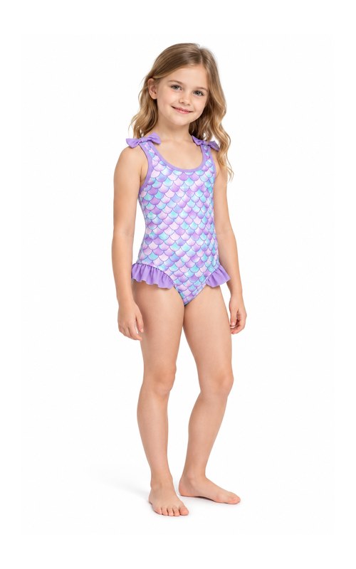 Traje de baño con estampado de escamas y tirantes con lazo en lila para niña
