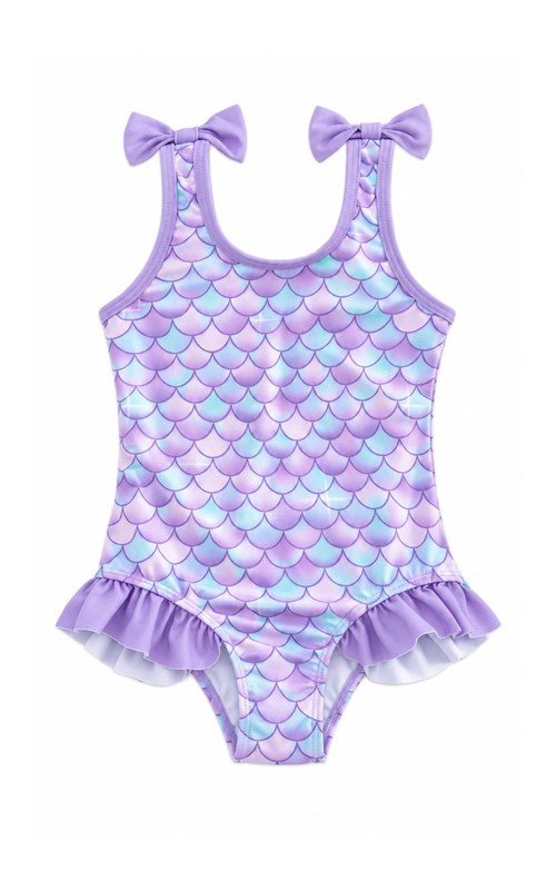 Traje de baño con estampado de escamas y tirantes con lazo en lila para niña