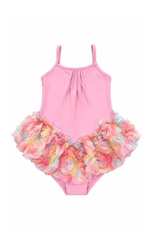 Traje de baño tipo vestido con volantes de pétalo para niña
