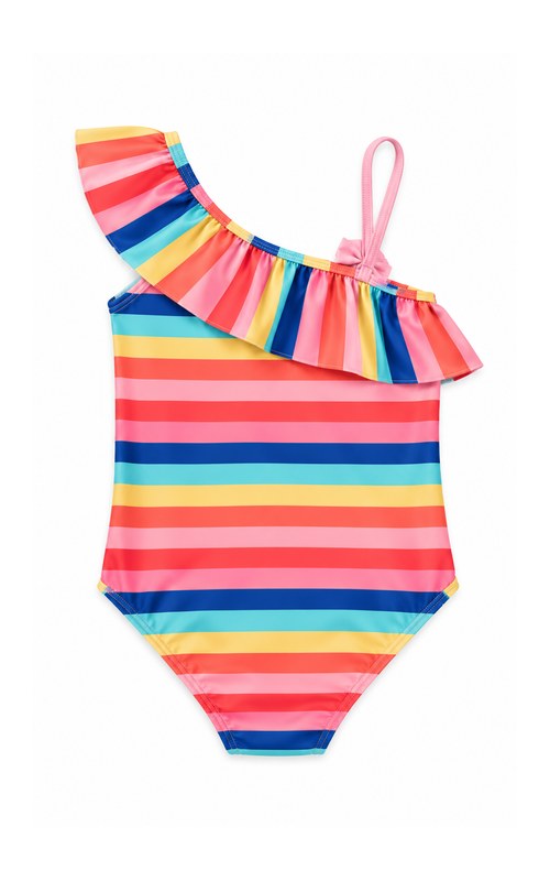 Traje de baño de un solo hombro con rayas arcoíris para niña