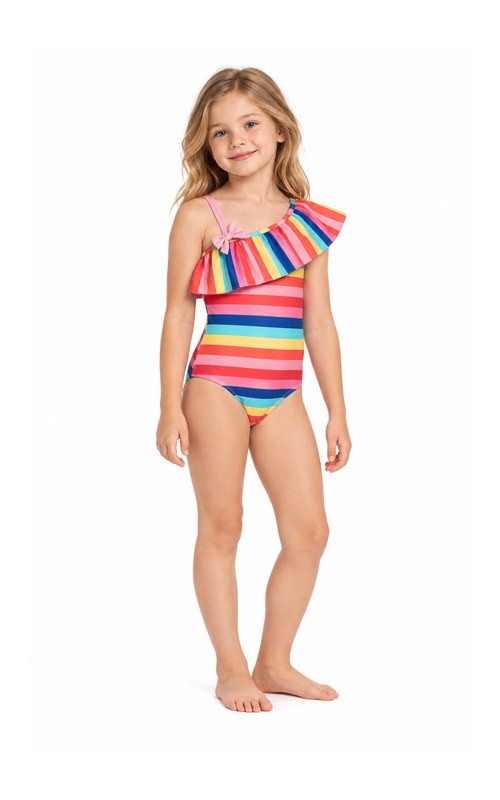 Traje de baño de un solo hombro con rayas arcoíris para niña