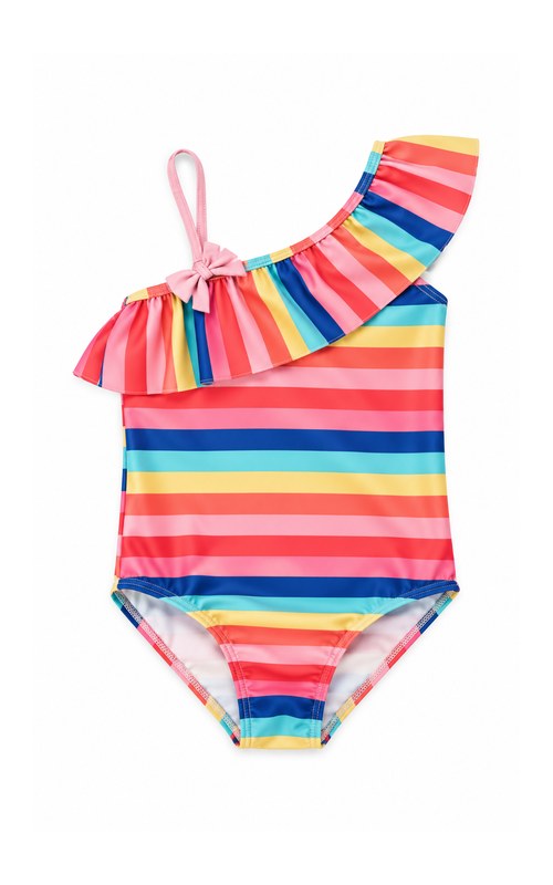 Traje de baño de un solo hombro con rayas arcoíris para niña