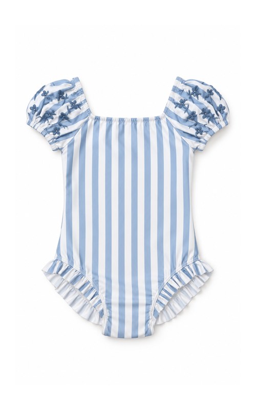 Traje de baño de una pieza con mangas abullonadas y rayas para niña