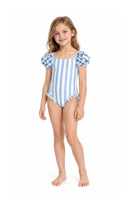 Traje de baño de una pieza con mangas abullonadas y rayas para niña