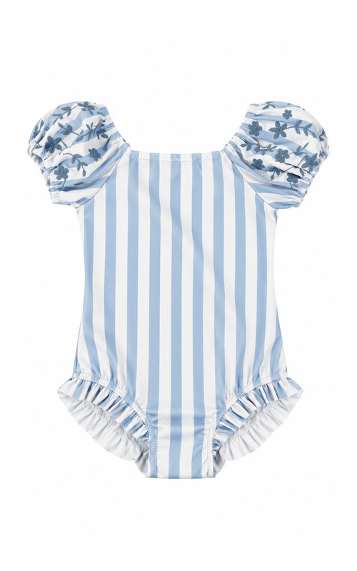 Traje de baño de una pieza con mangas abullonadas y rayas para niña