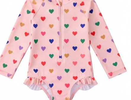 Girls' Long-Sleeve One-Piece Swimsuit — Heart Print