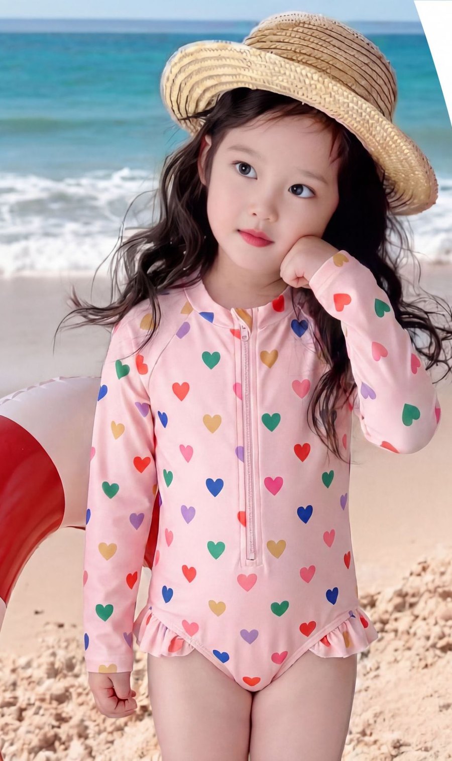 Girls' Long-Sleeve One-Piece Swimsuit — Heart Print