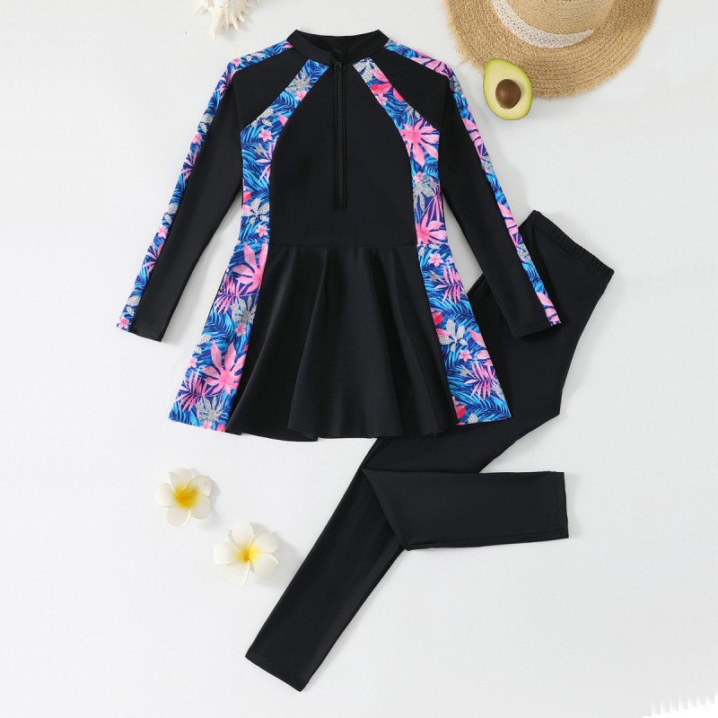 Girls' Long-Sleeve Swim Dress & Leggings Set — Tropical Panels