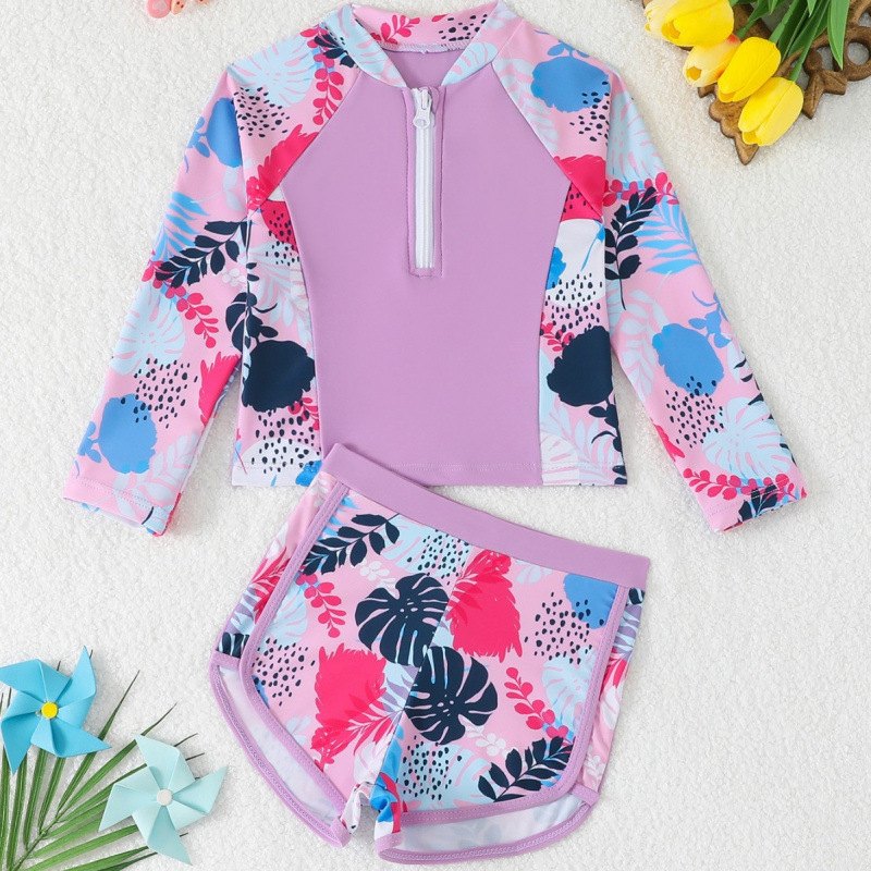 Girls' Long-Sleeve Zip Top & Shorts Set — Tropical Leaf