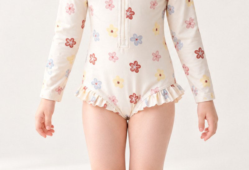 Girls' Long-Sleeve Zip Swimsuit — Pastel Flowers